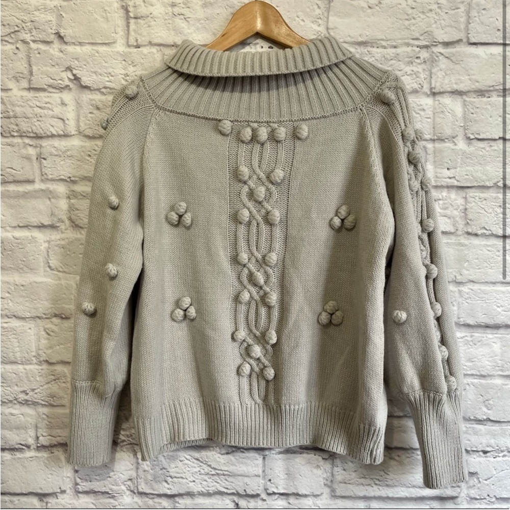 GREY POM POM SWEATER With Wide Fold Over Neck